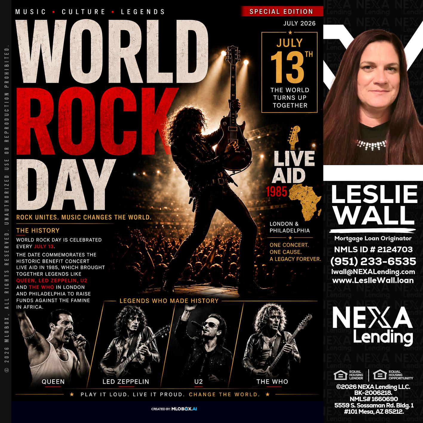 WORLD ROCK MUSIC DAY - Leslie Wall -Mortgage Loan Originator
